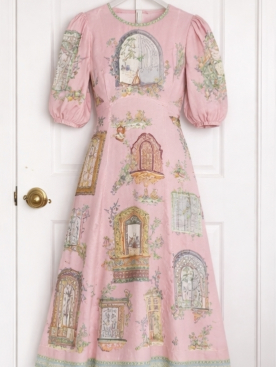 Alemais Monte Linen Midi Dress Pink Printed Flax Puff Sleeve Resort XXL - Picture 2 of 11